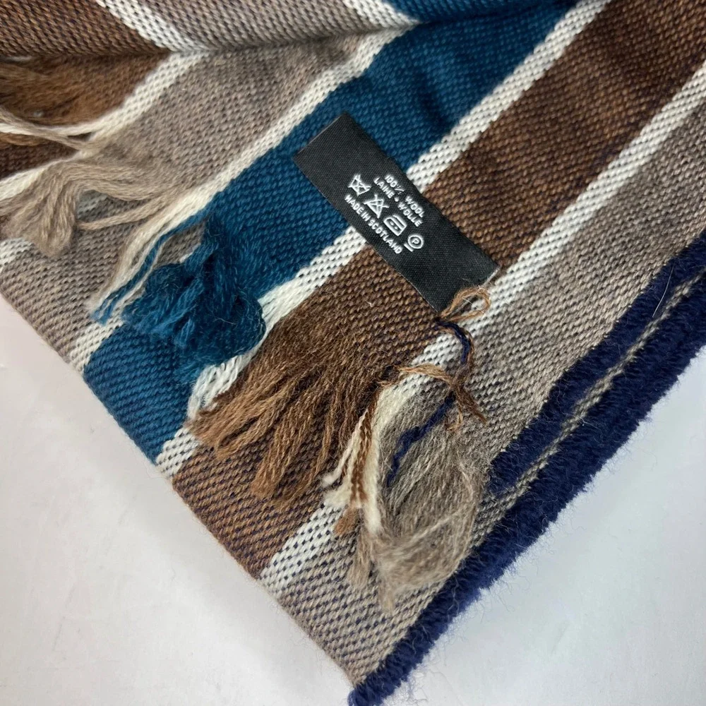 Striped Multicolor Wool Scarf Made in Scotland Striped Brown Blue‎ Cream